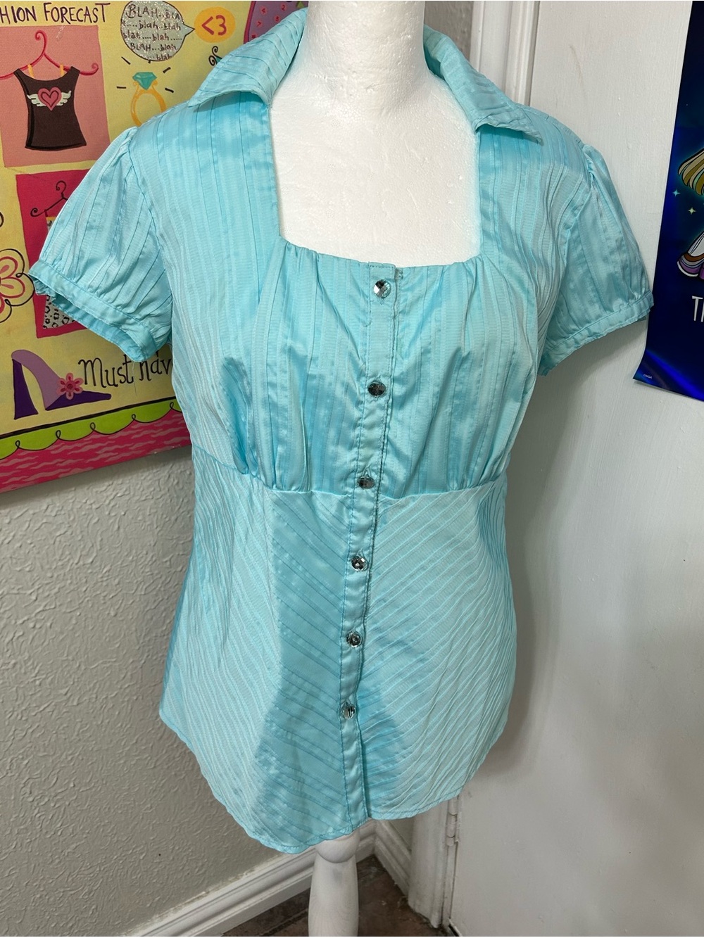 dressbarn Aqua Textured Button-Front Short Sleeve Shirt